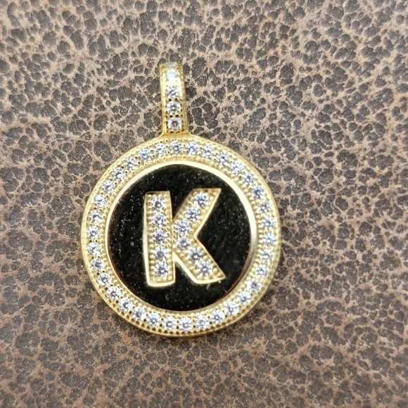 Jewelry - Shiny letter K pave set CZ diamonds 925 sterling silver gold vermeil disc neckla